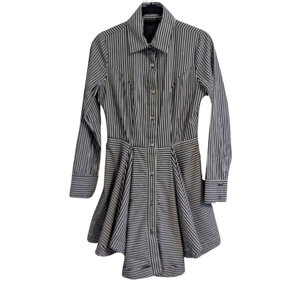 bebe Pinstripe Fit & Flare Shirt Mini Dress Black White Cotton Size 4 - Picture 5 of 12